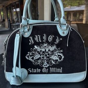 Rare Vintage Y2K Juicy Couture Dog Carrier Ice Blue Velour Blingy Bowling Bag Sm